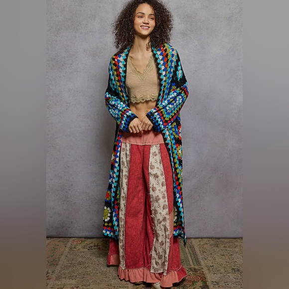 POL Boho Crochet Cardigan Turquoise & Black Granny Square Sweater - Picture 7 of 8